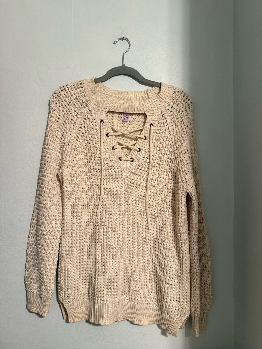 Francesca's Collections Lace-Up Waffle Knit Sweater in Beige